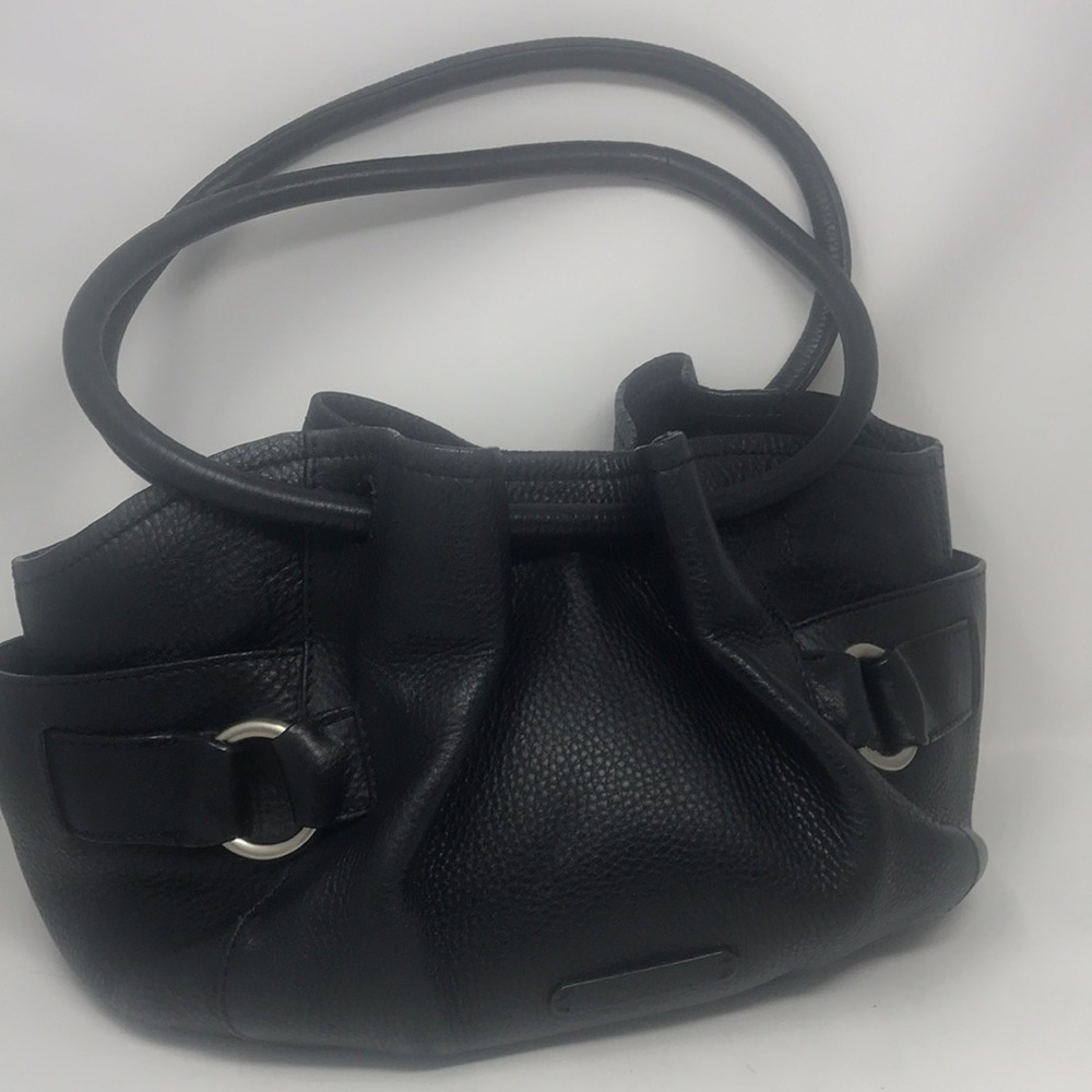 Cole Haan Pebbled Black Leather Drawstring Shoulder Bucket Bag